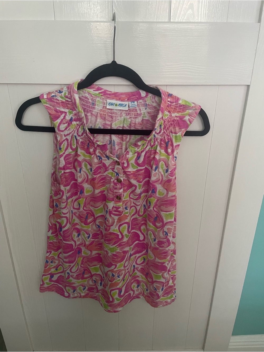 Kiwi Fresh Pink Green Multi-Print Sleeveless Henley Tank